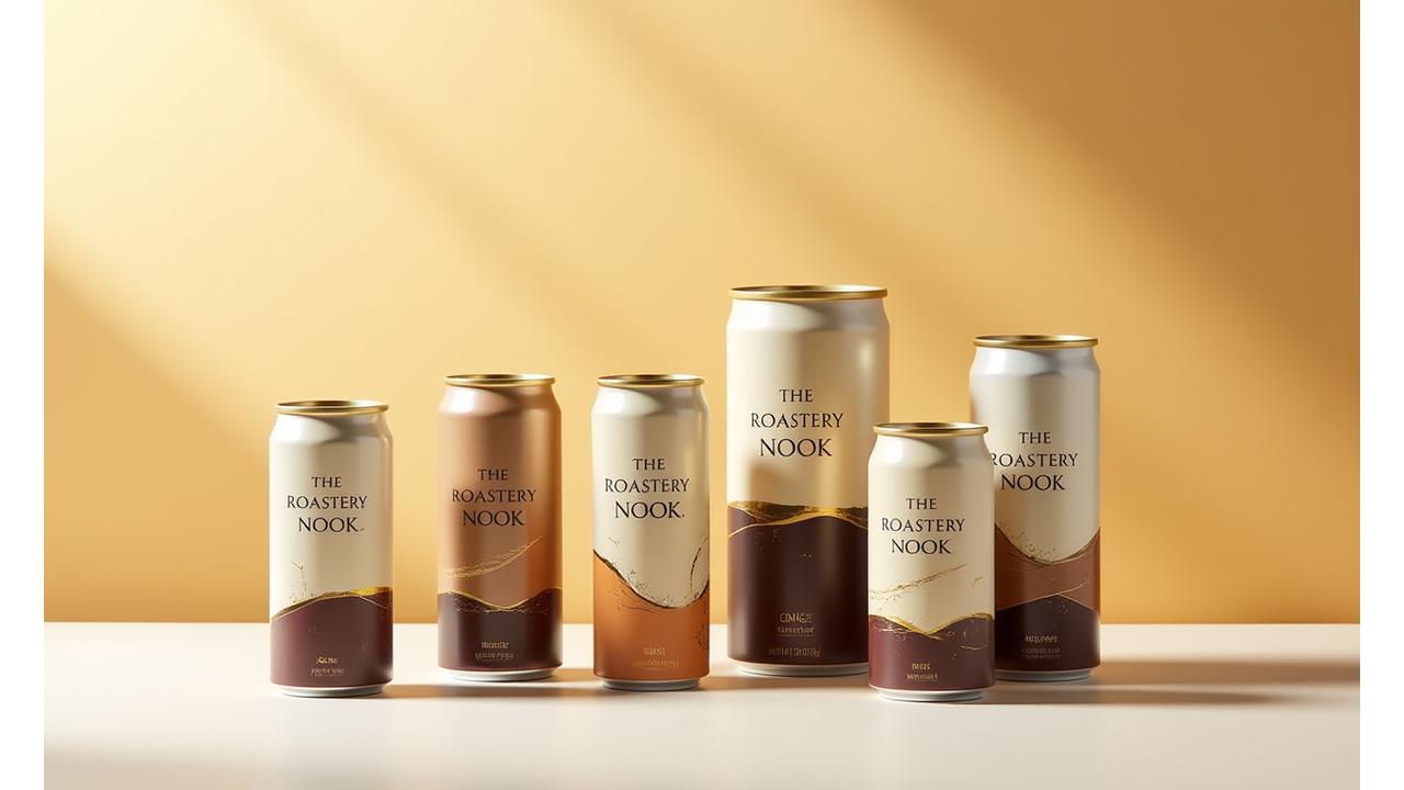 Assortment of The Roastery Nook's RTD coffee products, sleekly designed and ready for consumption in a modern, light-filled setting.
