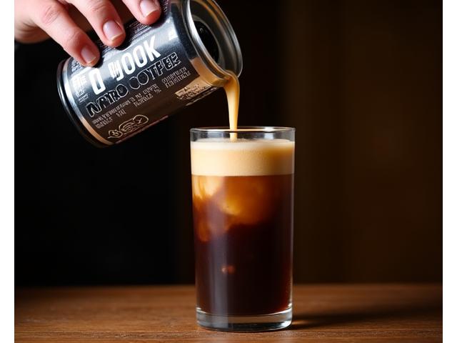 A can of nitro cold brew being poured into a clear glass, showing the characteristic cascading effect of nitrogen bubbles.