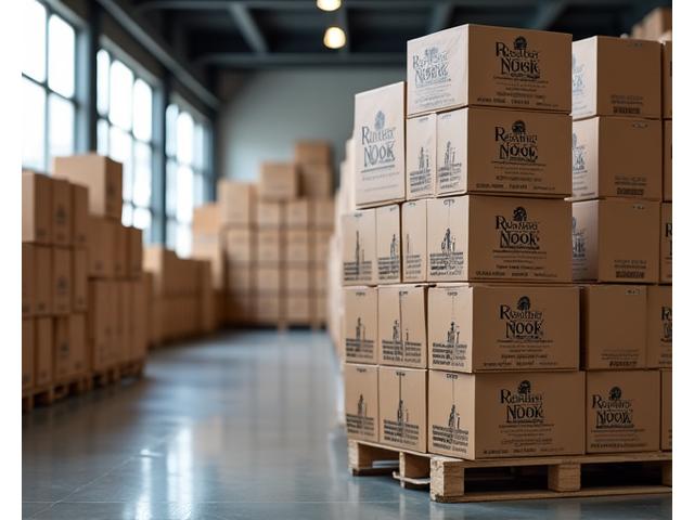 A stack of RTD coffee cases ready for bulk shipment in a modern, clean warehouse or back-of-house setting of a cafe.