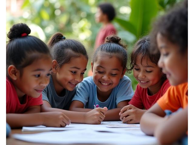 Children in a coffee-growing community in a vibrant setting, smiling and learning, symbolizing community development and education.