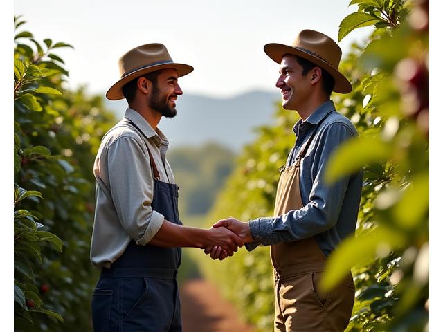 Coffee farmer smiling and shaking hands with a roastery representative in a lush coffee field, illustrating direct trade