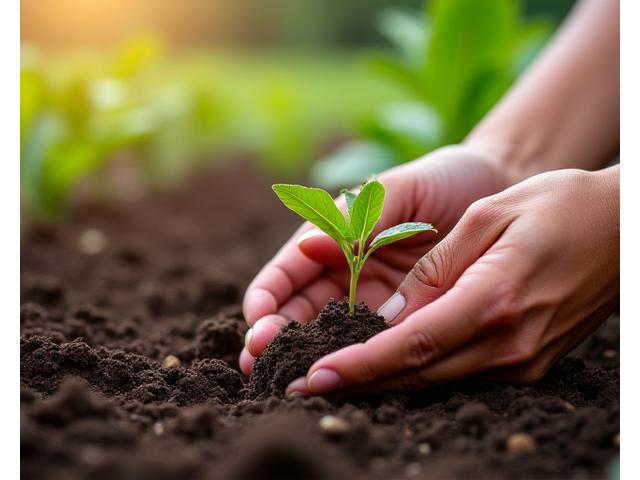 Hands planting a small coffee seedling in rich soil, with a blurred background of sustainable farming, representing environmental care