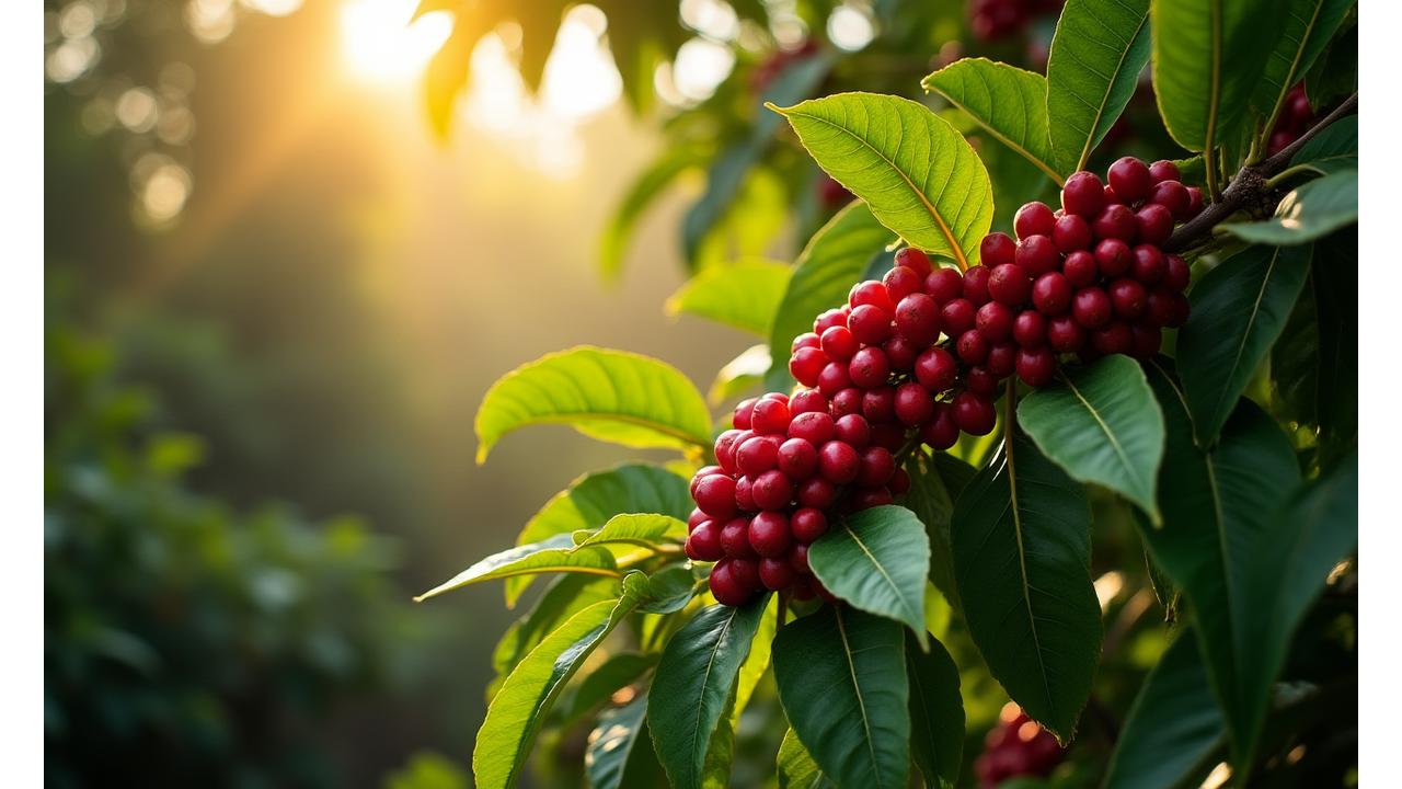 Rich coffee plant thriving in a biodiverse, shade-grown environment, depicting sustainable coffee farming