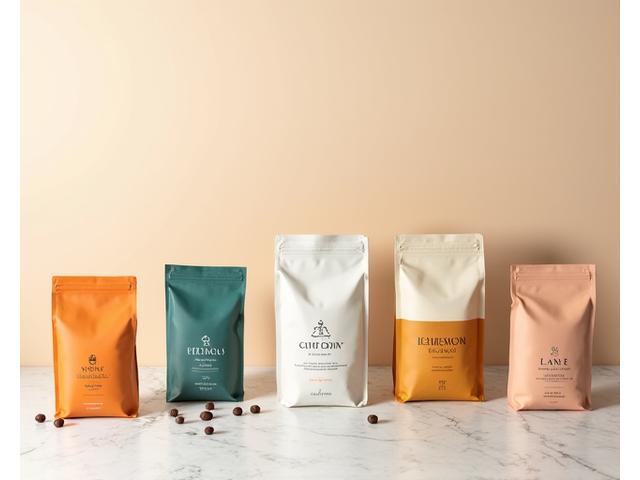 Compostable coffee bags with minimalist branding displayed on a natural wood surface, highlighting eco-friendly packaging