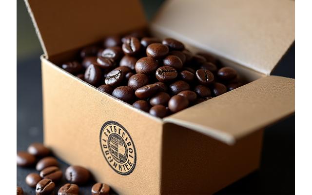Open brown box with fresh coffee beans spilling out and a 'satisfaction guaranteed' stamp, representing quality assurance.