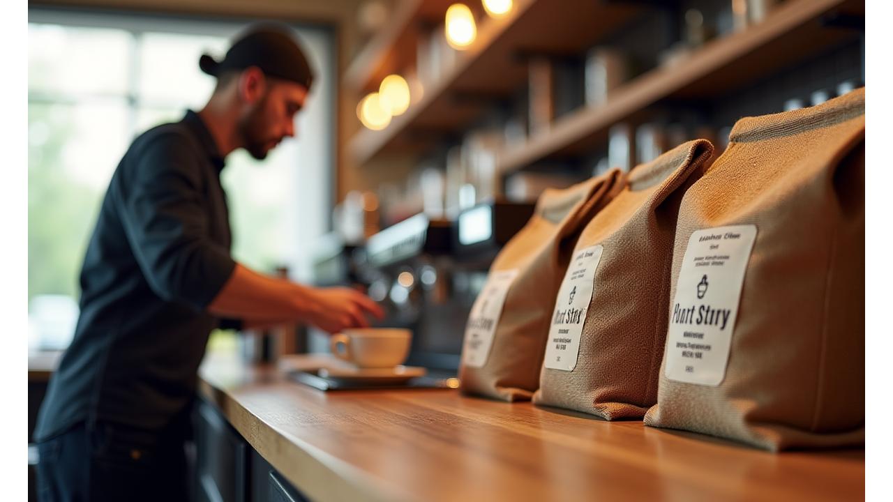 Barista pouring latte art into a coffee cup, surrounded by bags of The Roastery Nook's artisan coffee beans.