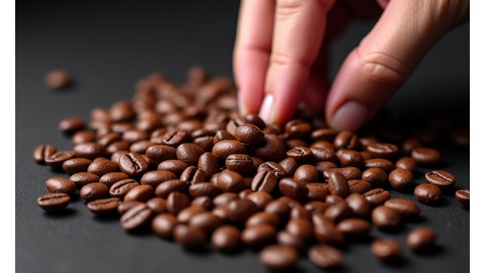 Close-up of freshly roasted coffee beans being inspected for quality and consistency.